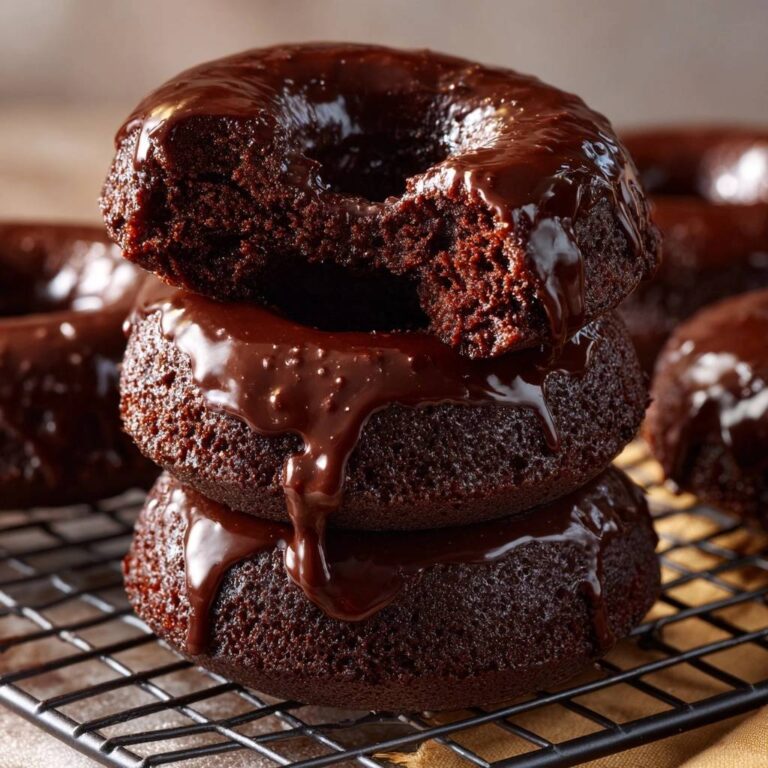 Saftige Schokoladen-Donuts aus dem Ofen mit Schokoladenglasur, angeschnitten, um die weiche Textur des Kuchens zu zeigen. Ein köstlicher Genuss!