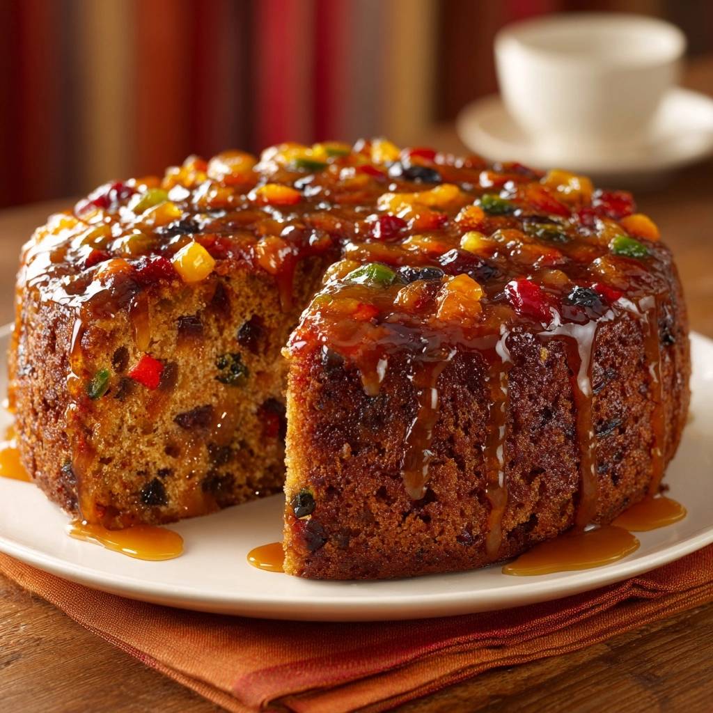 Saftiger Advents Fruechtekuchen Querschnitt 1 Saftiger Advents-Früchtekuchen präsentiert einen saftigen Querschnitt, der die fruchtige Füllung und den köstlichen Glasur-Überzug zeigt.