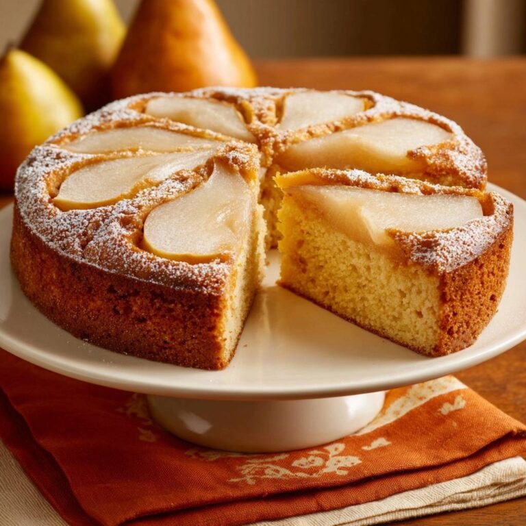 Saftiger Birnen-Rührkuchen mit einem herausgeschnittenen Stück, das die saftige Textur und die frischen Birnen zeigt.