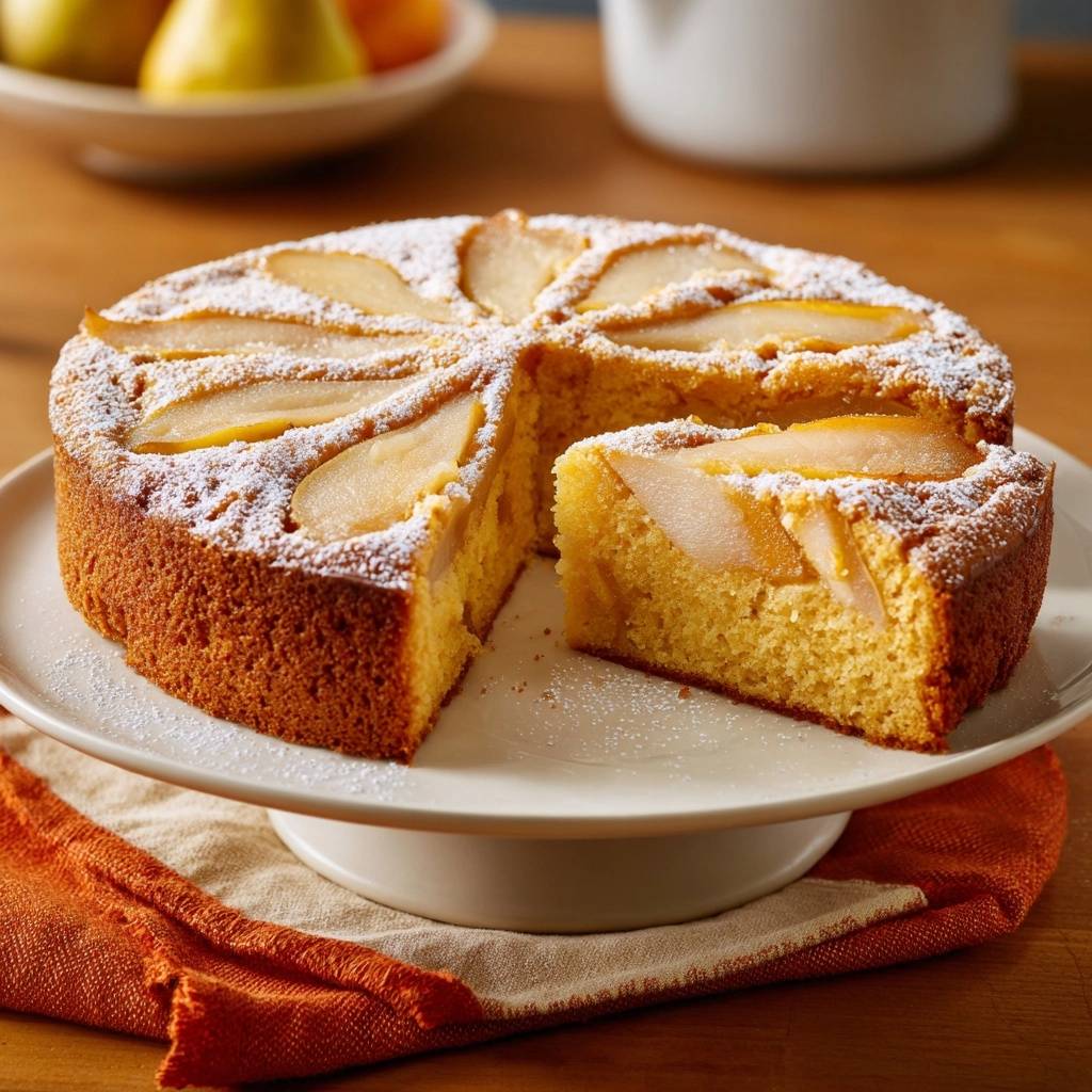 Saftiger Birnen Ruehrkuchen Querschnitt Nahaufnahme 1 Saftiger Birnen-Rührkuchen mit Anschnitt, serviert auf einer Tortenplatte, zeigt die saftige Innenansicht mit Birnenstücken.