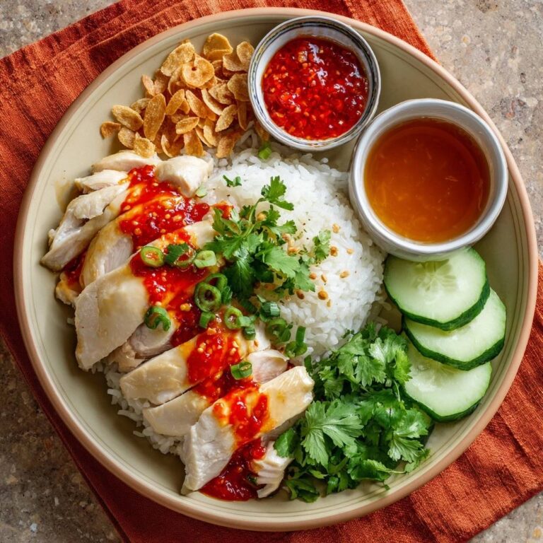 Saftiges Hainan-Hähnchen mit Chili-Ingwer-Sauce, serviert auf einem Teller, mit Reis, Gurke, Koriander und drei verschiedenen Dips.