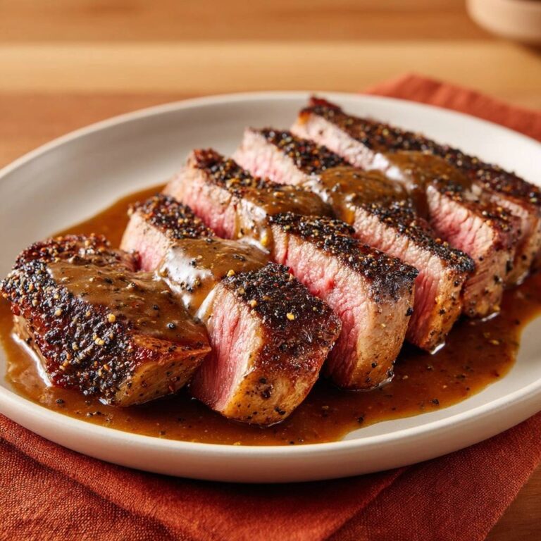 Saftiges Pfeffersteak mit cremiger Pan-Sauce, serviert auf einem Teller, zeigt den saftigen, rosa Querschnitt und die köstliche Sauce.