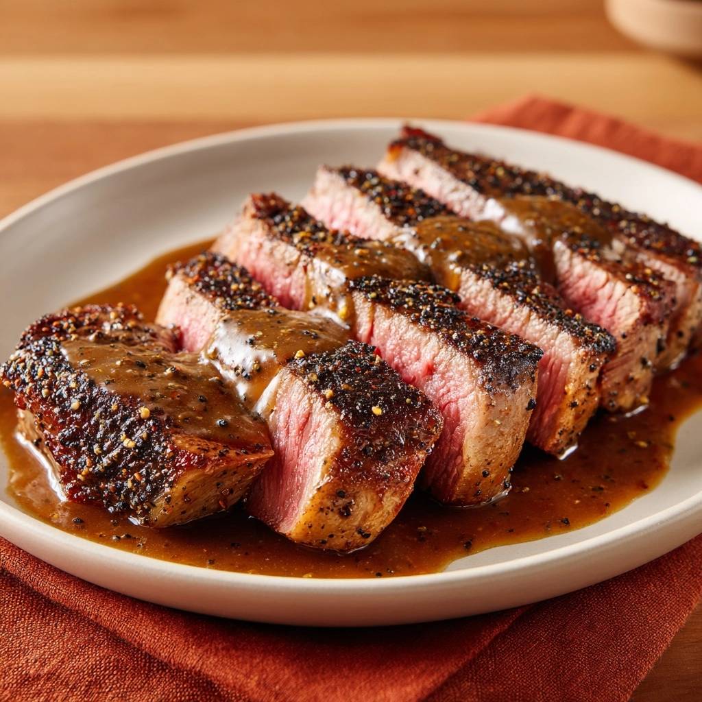 Saftiges Pfeffersteak mit cremiger Pan-Sauce, serviert auf einem Teller, zeigt den saftigen, rosa Querschnitt und die köstliche Sauce.