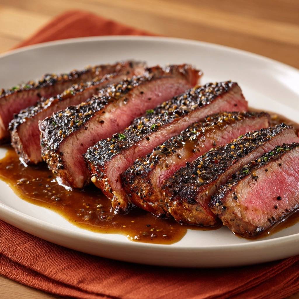 Saftiges Pfeffersteak Querschnitt Nahaufnahme 1 Saftiges Pfeffersteak mit cremiger Pan-Sauce in Nahaufnahme, zeigt perfekt rosa gebratenes Fleisch mit einer reichhaltigen Sauce.