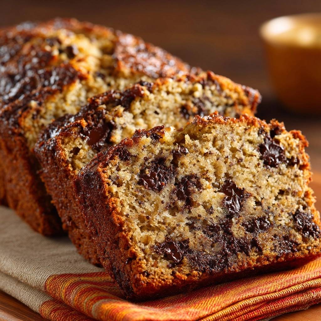 Saftiges Schokoladen Bananenbrot Querschnitt 1 Saftiges Schokoladen-Bananenbrot, angeschnitten, zeigt eine Nahaufnahme der saftigen Krume mit Schokoladenstückchen. Ein unwiderstehlicher Blick in das Innere des Kuchens.