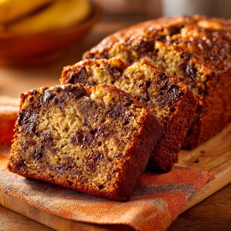 Saftiges Schokoladen-Bananenbrot zeigt einen köstlichen Querschnitt mit sichtbaren Schokoladenstückchen und einer perfekt gebackenen Kruste.