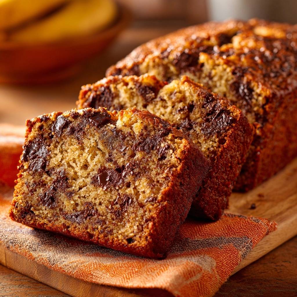 Saftiges Schokoladen-Bananenbrot zeigt einen köstlichen Querschnitt mit sichtbaren Schokoladenstückchen und einer perfekt gebackenen Kruste.
