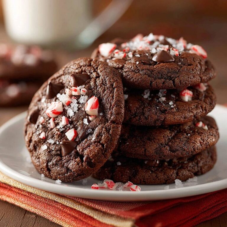 Schokoladen-Pfefferminz-Cookies in Nahaufnahme gestapelt auf einem weißen Teller, garniert mit zerbröselten Pfefferminzbonbons und grobem Salz.