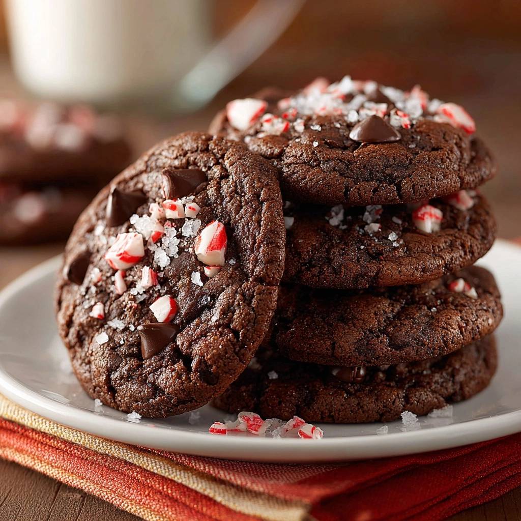 Schokoladen-Pfefferminz-Cookies in Nahaufnahme gestapelt auf einem weißen Teller, garniert mit zerbröselten Pfefferminzbonbons und grobem Salz.