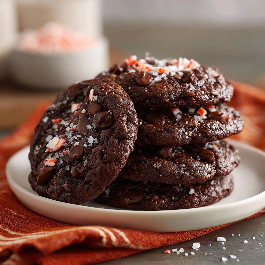 Schokoladen Pfefferminz Cookies Stapel Nahaufnahme 1 Schokoladen-Pfefferminz-Cookies in Nahaufnahme auf einem weißen Teller gestapelt, garniert mit Pfefferminzstückchen und grobem Salz.
