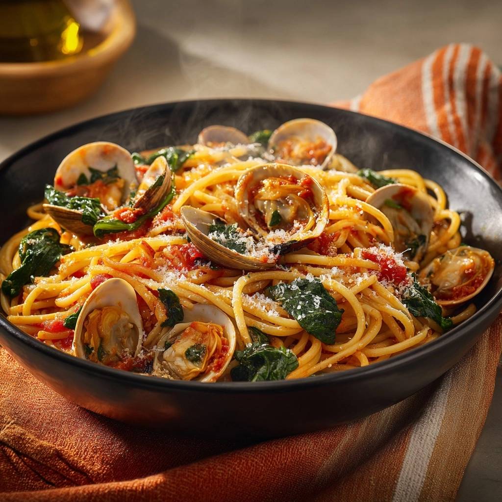Spaghetti Vongole Tomaten Spinat Sugo Nahaufnahme 1 Spaghetti Vongole in Tomaten-Spinat-Sugo in Nahaufnahme, dampfend serviert mit frischen Venusmuscheln, Tomaten und Spinat, garniert mit Parmesan.