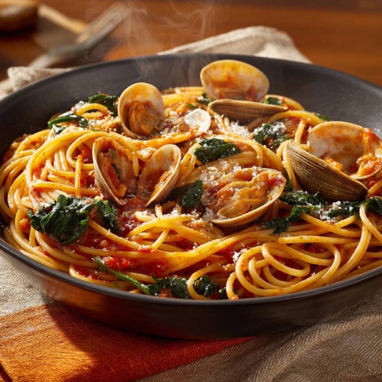 Spaghetti Vongole in Tomaten-Spinat-Sugo in Nahaufnahme, dampfend heiß serviert und mit frischen Kräutern garniert.