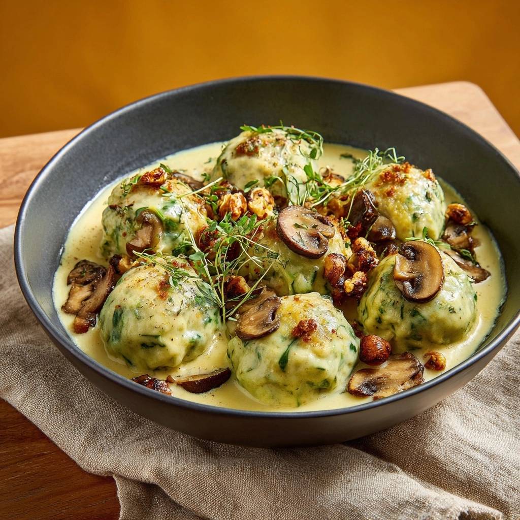 Spinat Ricotta Malfatti Mit Pilzrahm Draufsicht Serviert 1 Spinat-Ricotta-Malfatti mit Pilzrahm in einer dunklen Schüssel serviert, mit Pilzen, Kräutern und gerösteten Nüssen garniert.