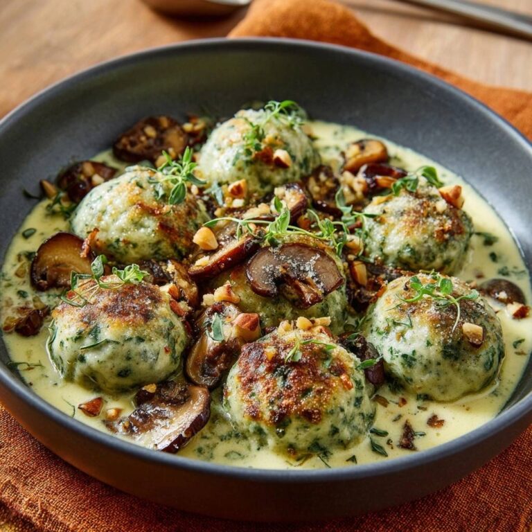 Spinat-Ricotta-Malfatti mit Pilzrahm in einer dunklen Schüssel serviert, garniert mit frischem Thymian und gehackten Nüssen.