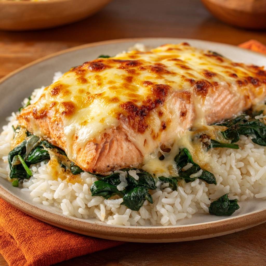 Ueberbackenes Lachsfilet Auf Spinat Reis Serviert 1 Überbackenes Lachsfilet auf Spinat-Reis serviert auf einem Teller. Köstliches Lachsfilet mit geschmolzenem Käse bedeckt, serviert mit Reis und Spinat.