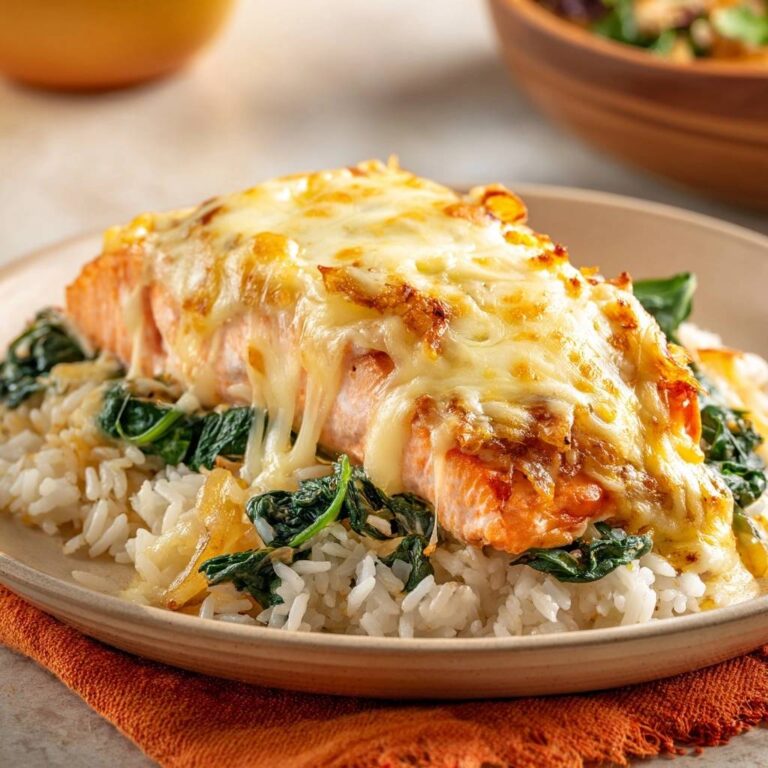 Überbackenes Lachsfilet auf Spinat-Reis serviert auf einem Teller. Der geschmolzene Käse fließt über das saftige Lachsfilet, das auf Reis und Spinat gebettet ist.