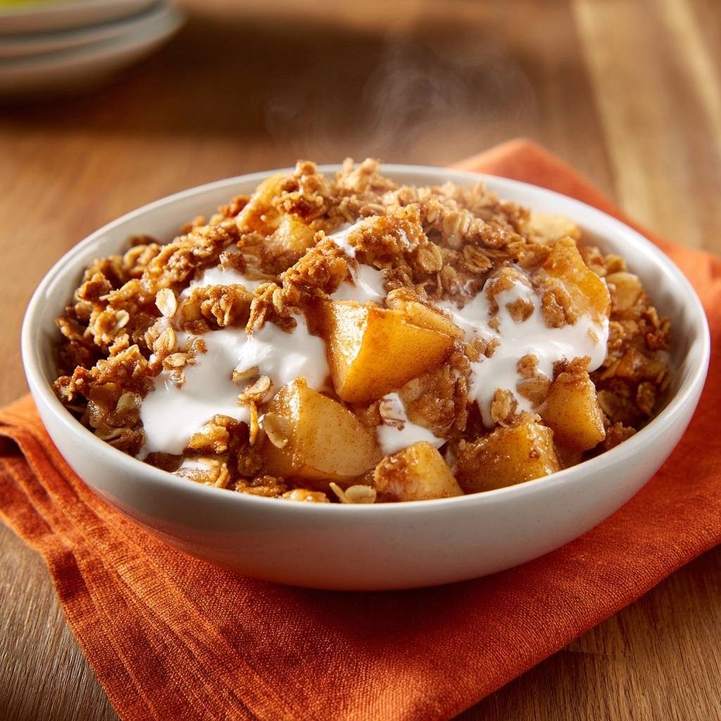 Warmer Apfel Crumble Mit Sahnehaube Serviert 1 Warmer Apfel-Crumble mit Sahnehaube, serviert in einer Schüssel, mit dampfenden Äpfeln und knusprigen Streuseln.