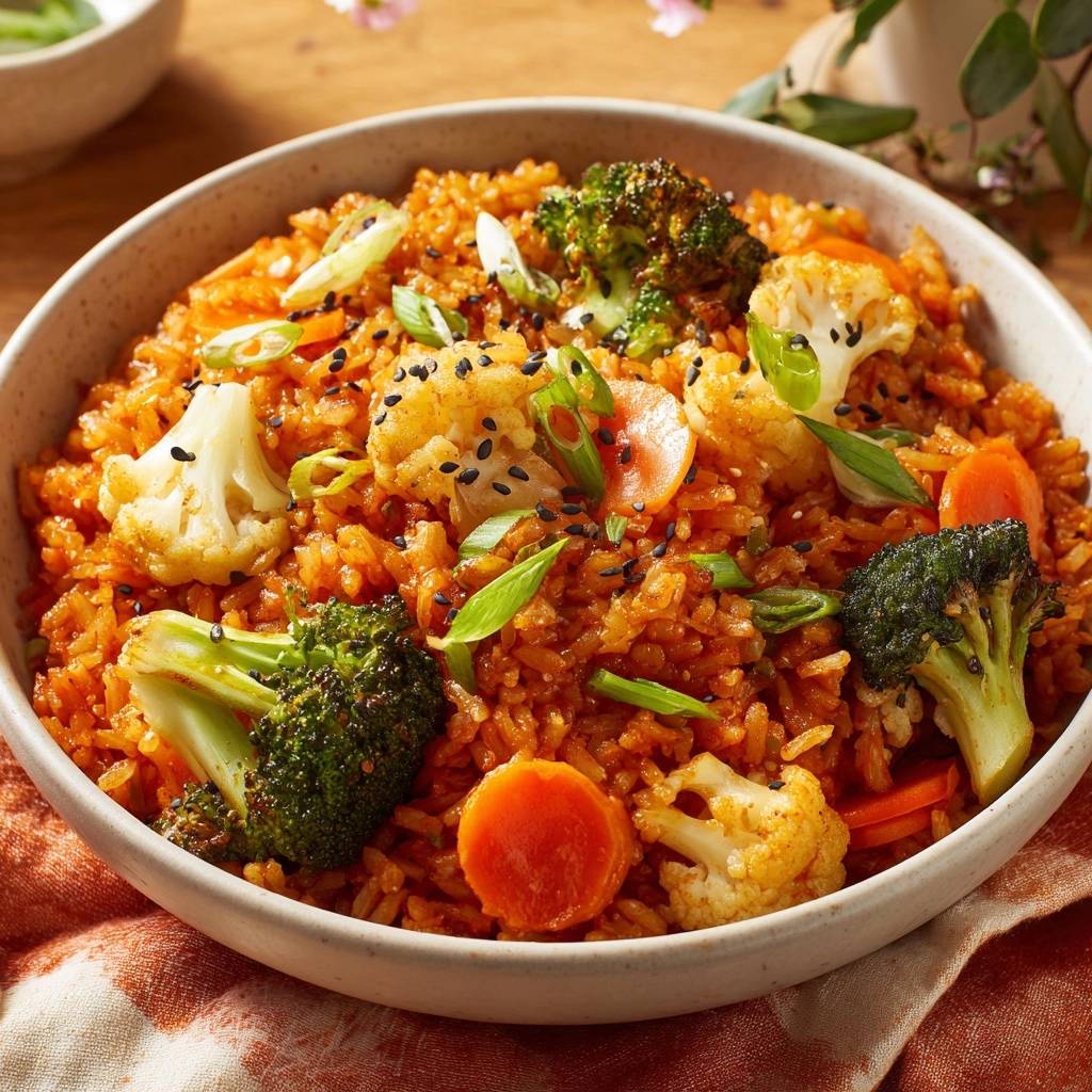 Wok Gemuesereis Mit Brokkoli Und Blumenkohl Draufsicht 1 Wok-Gemüsereis mit Brokkoli und Blumenkohl in einer Schüssel von oben gesehen, mit frischen Zutaten und köstlichen Gewürzen.