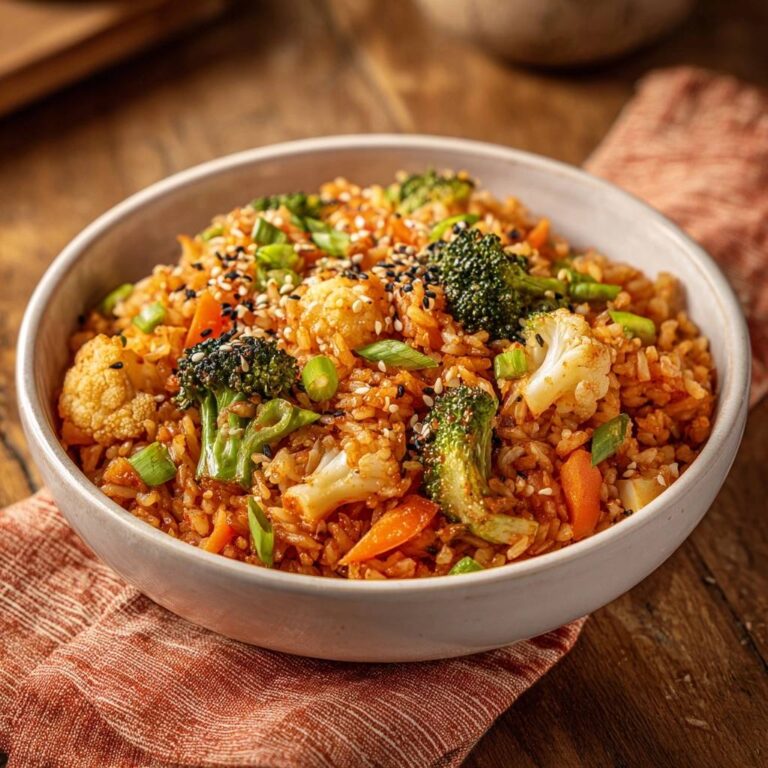Wok-Gemüsereis mit Brokkoli und Blumenkohl in einer Schüssel serviert, mit Sesam bestreut und mit frischem Schnittlauch garniert.