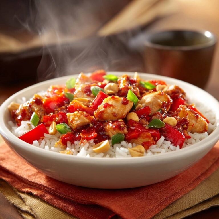 Würziges Kung Pao Hähnchen mit Paprika, serviert in einer Schüssel mit Reis, dampfend und mit roten Paprika und Erdnüssen garniert.