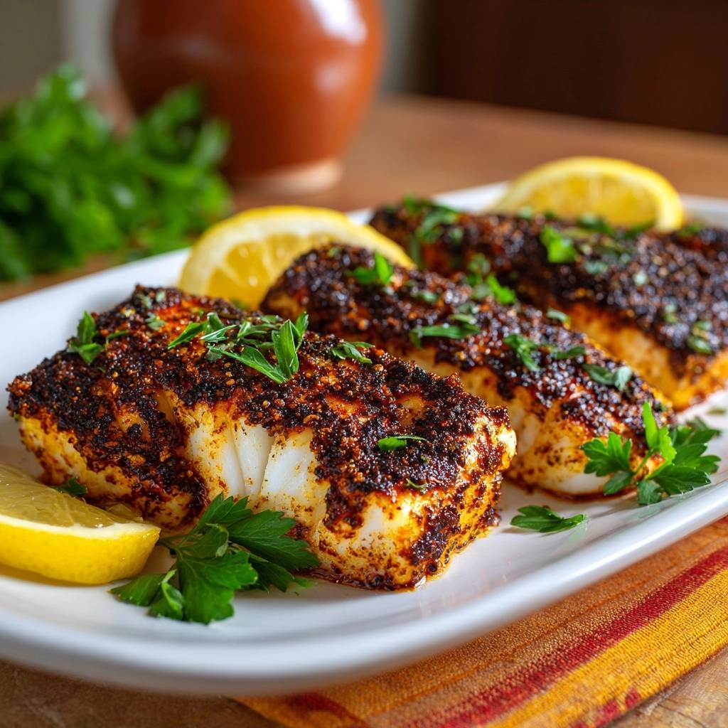 Wuerziges Zitronen Knoblauch Fischfilet Serviert 1 Würziges Zitronen-Knoblauch-Fischfilet, serviert auf einem weißen Teller, garniert mit frischer Petersilie und Zitronenspalten.