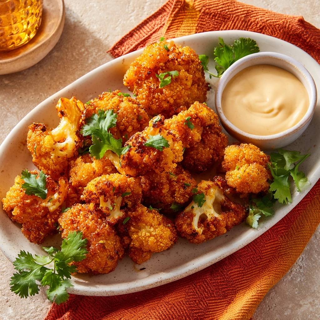 Wurzige Blumenkohl Bites Draufsicht Serviert 1 Würzige Blumenkohl-Bites serviert auf einem Teller, garniert mit frischer Koriander, daneben eine cremige Sauce.