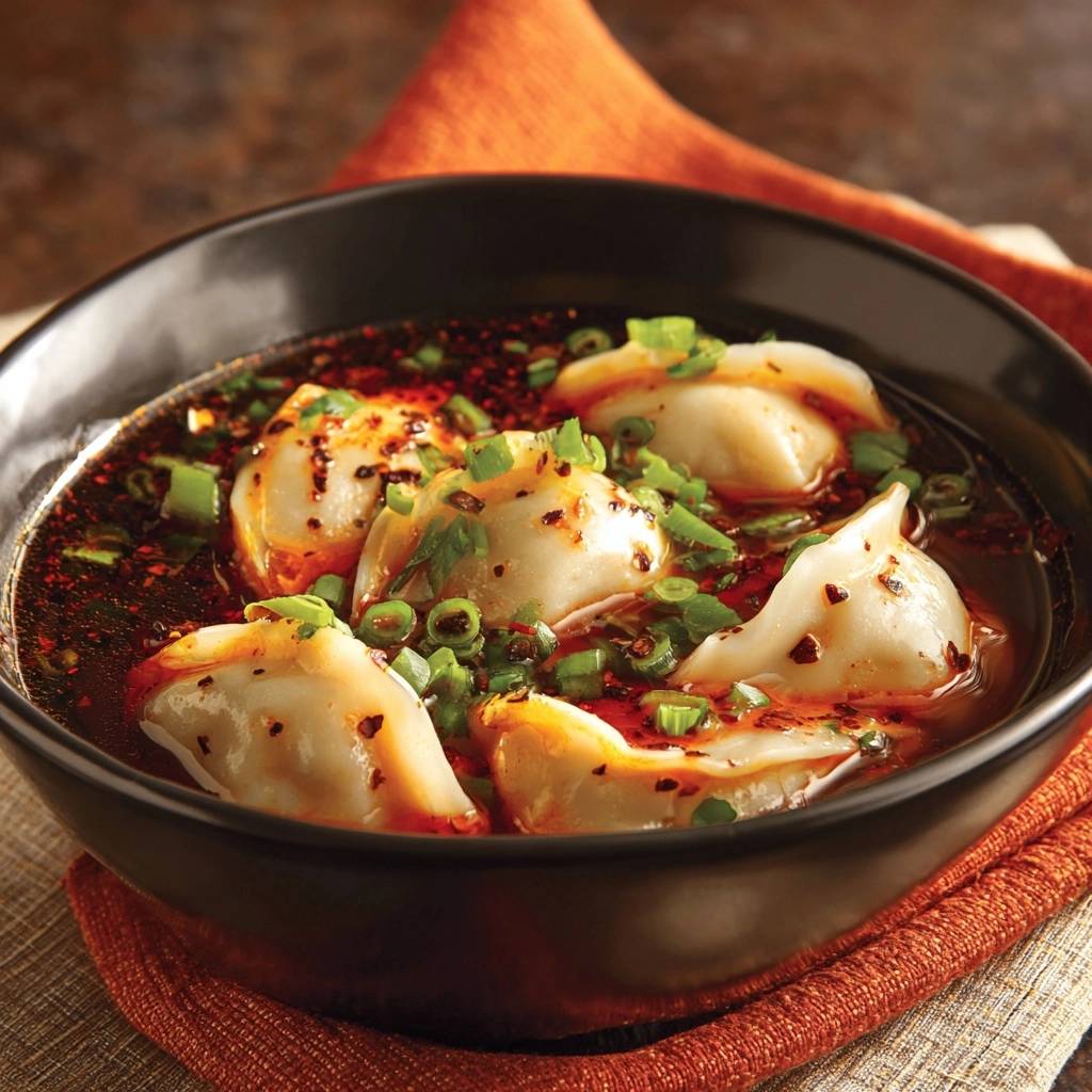 Wurzige Dumplings In Chili Ol Nahaufnahme 1 Würzige Dumplings in Chili-Öl in einer Nahaufnahme, garniert mit frischen Frühlingszwiebeln und Chili-Flocken. Die dampfenden Dumplings schwimmen in würzigem Chili-Öl.