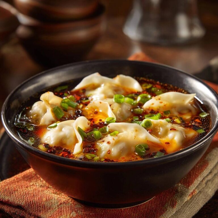 Würzige Dumplings in Chili-Öl in einer Nahaufnahme, serviert in einer schwarzen Schüssel mit frischen Frühlingszwiebeln. Das Gericht wird in köstlichem Chili-Öl serviert.