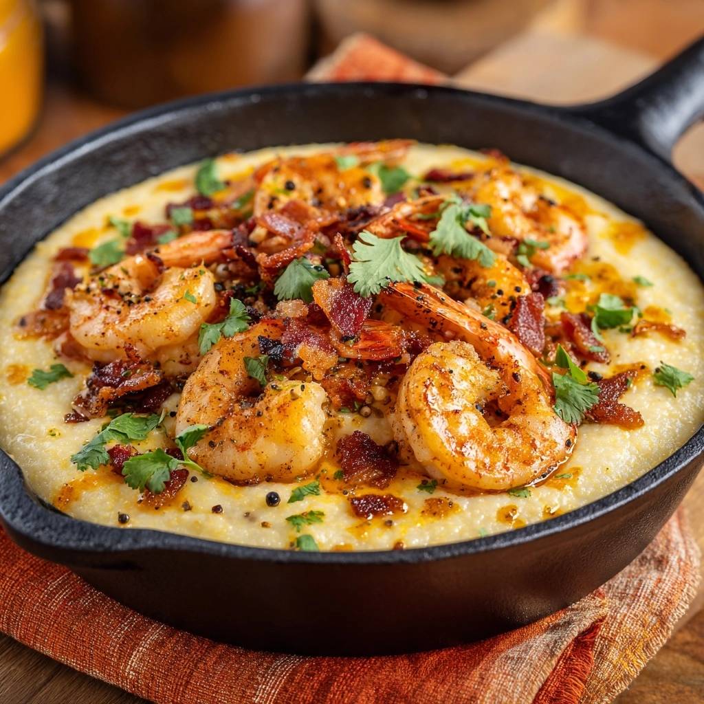 Wurzige Garnelen Auf Cremiger Polenta Draufsicht 1 Würzige Garnelen auf cremiger Polenta, serviert in einer gusseisernen Pfanne, mit knusprigem Speck und frischen Kräutern garniert.