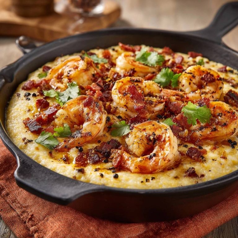 Würzige Garnelen auf cremiger Polenta, serviert in einer gusseisernen Pfanne, mit knusprigem Speck und frischen Kräutern garniert.
