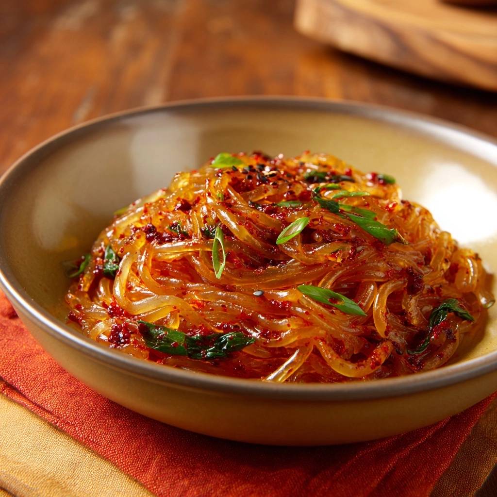 Wurzige Glasnudel Pfanne Mit Garnitur 1 Würzige Glasnudel-Pfanne mit Chili-Öl und frischen Kräutern garniert, serviert in einer rustikalen Schale. Ein köstliches 15-Minuten-Gericht.