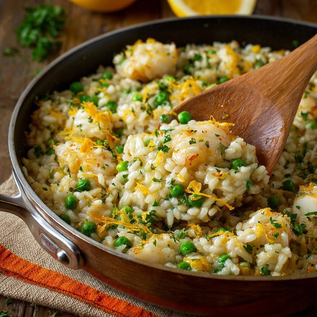 Zitronen-Kabeljau-Risotto mit Erbsen in Nahaufnahme: Cremiger Reis mit Erbsen, Kabeljau und Zitronenschale, serviert in der Pfanne.