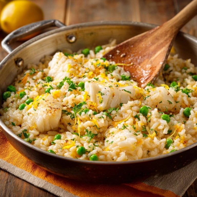 Zitronen-Kabeljau-Risotto mit Erbsen in Nahaufnahme, garniert mit frischer Petersilie, Zitronenschale und Erbsen, serviert in einer Pfanne.
