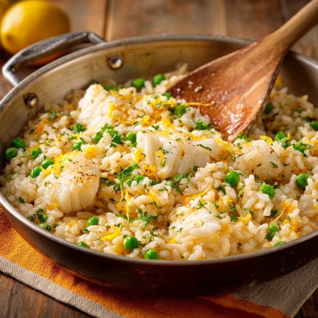 Zitronen-Kabeljau-Risotto mit Erbsen in Nahaufnahme, garniert mit frischer Petersilie, Zitronenschale und Erbsen, serviert in einer Pfanne.