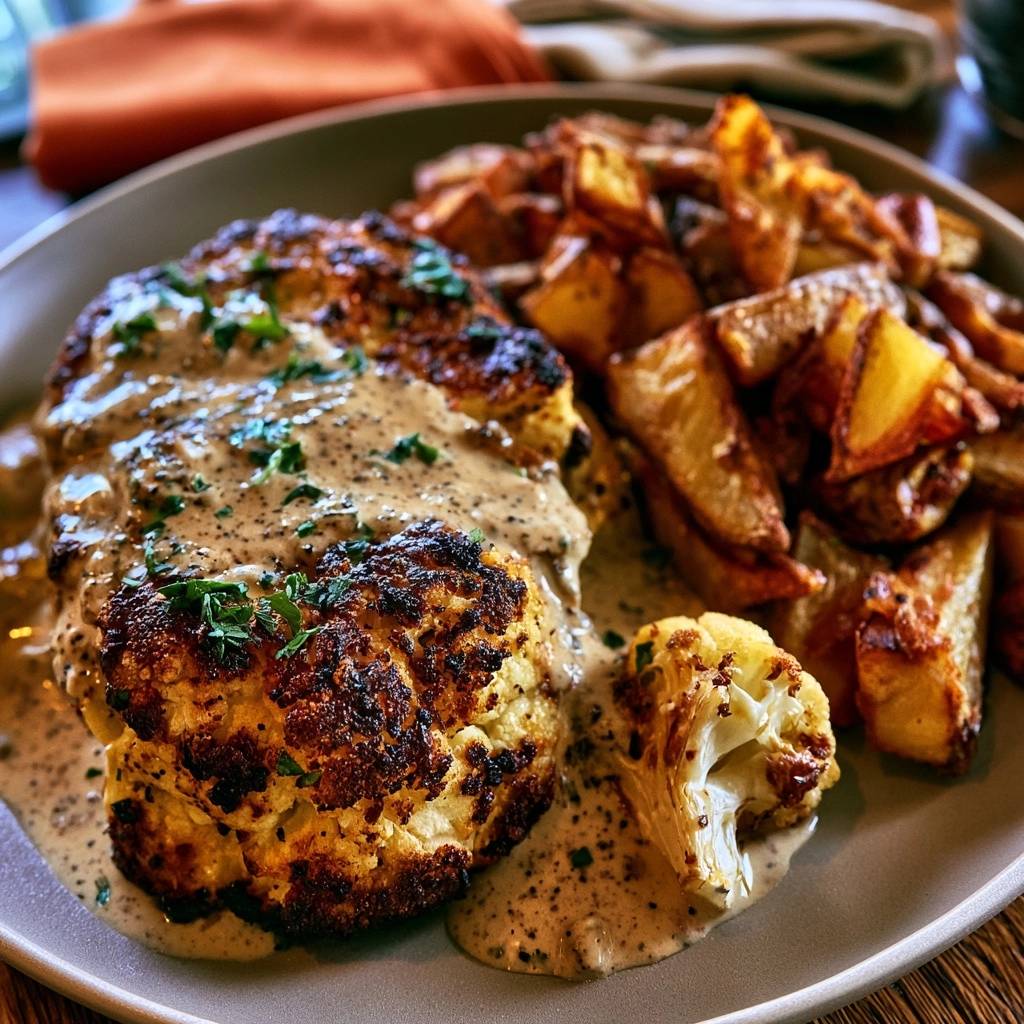 Herzhafte Blumenkohl-Steaks mit Röstkartoffeln