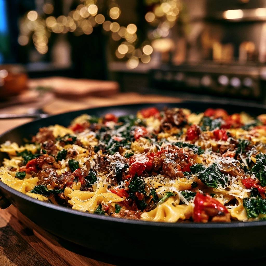 Herzhafte Farfalle-Pfanne mit Rinderhack und Grünkohl
