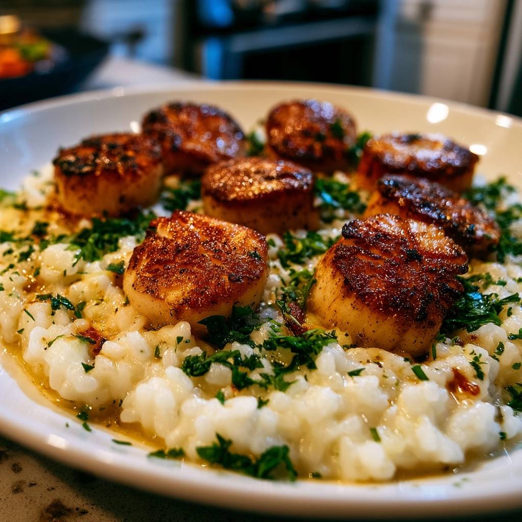 Perfekt gebratene Jakobsmuscheln auf cremigem Risotto
