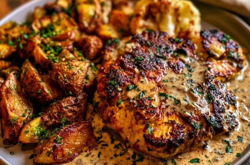 Herzhafte Blumenkohl-Steaks mit Röstkartoffeln
