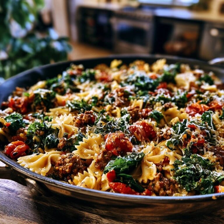 Herzhafte Farfalle-Pfanne mit Rinderhack und Grünkohl