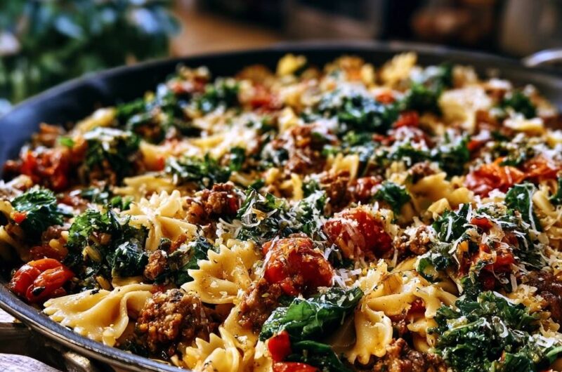 Herzhafte Farfalle-Pfanne mit Rinderhack und Grünkohl