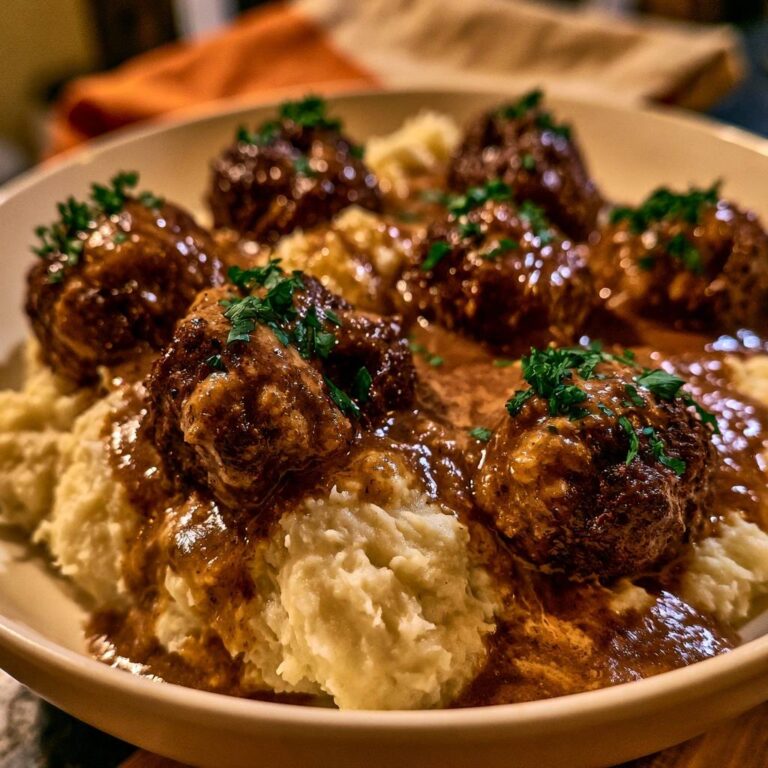 Saftige Rinderhackbällchen auf Kartoffelpüree